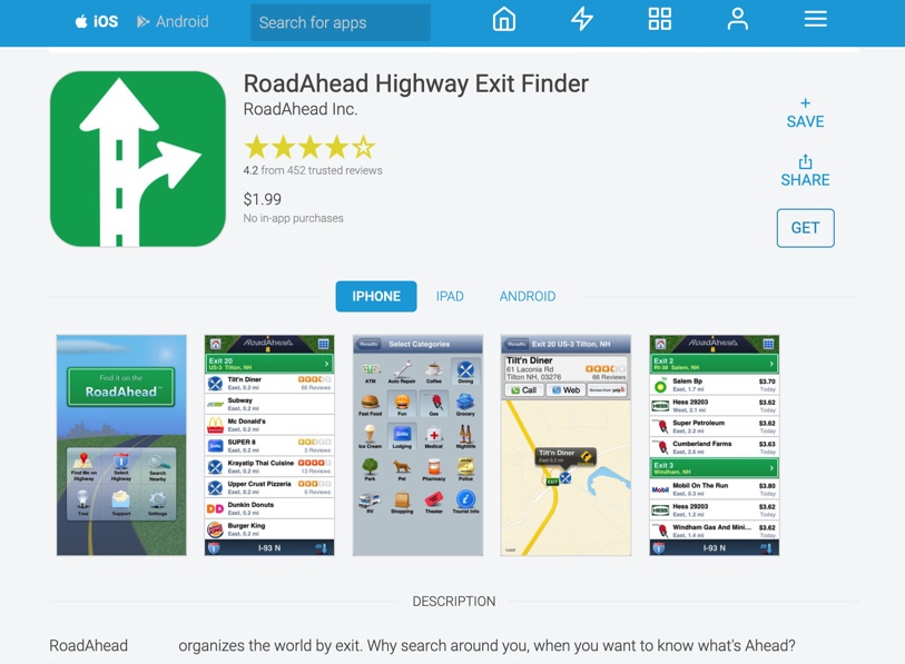 RoadAhead Highway Exit Finder home page