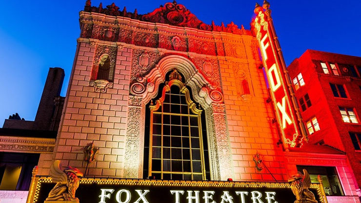 Fox Theatres entrance with a neon fox sign