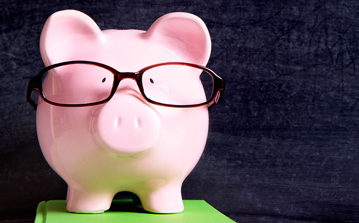 Pink Piggy bank wearing glasses on top of green textbook