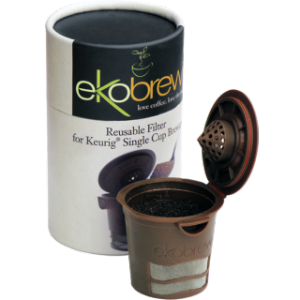 Brown ekobrew Reusable K-Cup for Keurig sitting in front of package it comes in