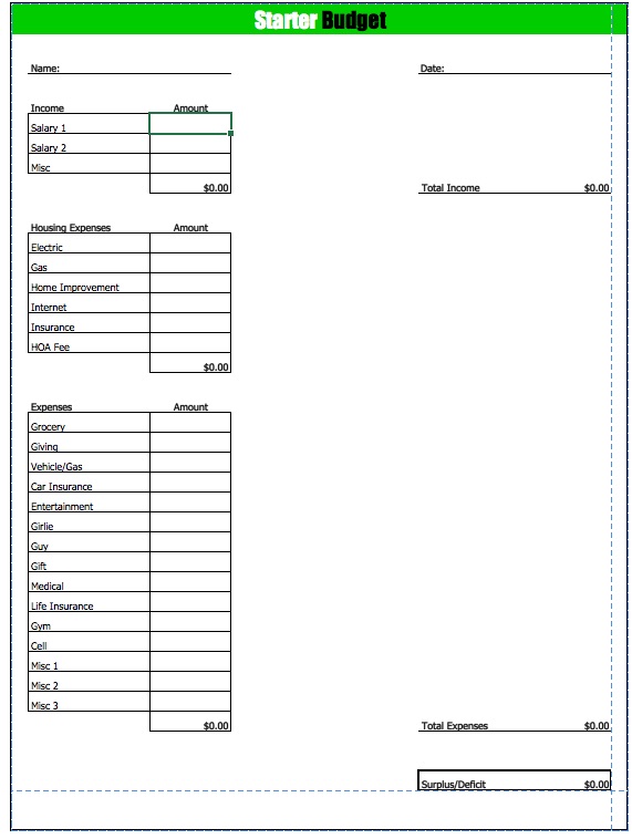 Starter Budget excel