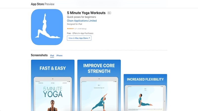 5 Minute Yoga app page