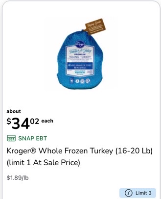 Jennie-O Frozen Whole Frozen Turkey (16-20 lb) (Limit 1 at Sale