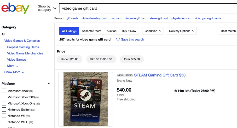 layar ebay dengan kartu hadiah video game