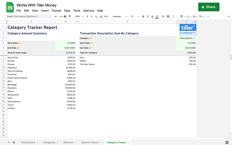 tiller money category tracker report
