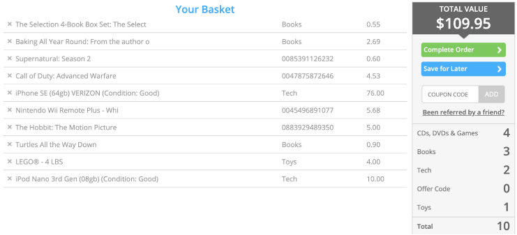 Example of full basket on Decluttr with electronics, books and toys.