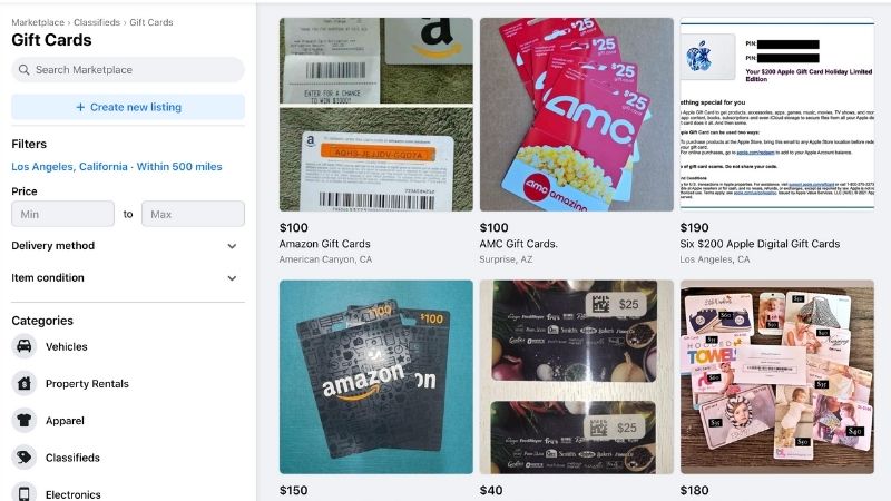 Facebook Marketplace gift card listings 