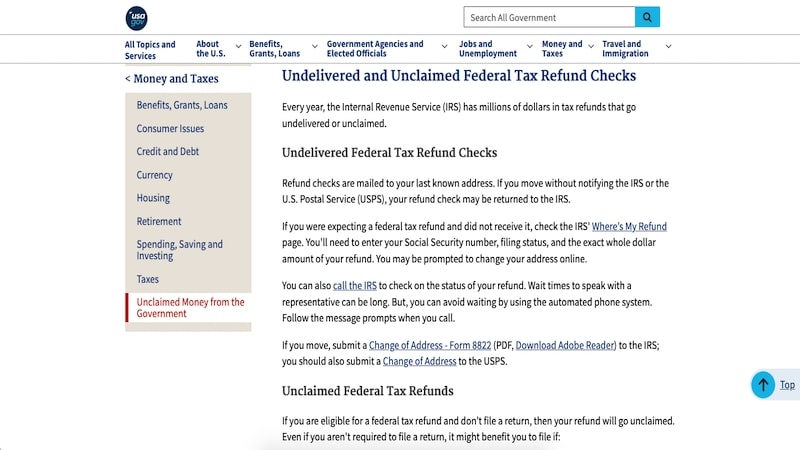 IRS Unclaimed taxes page