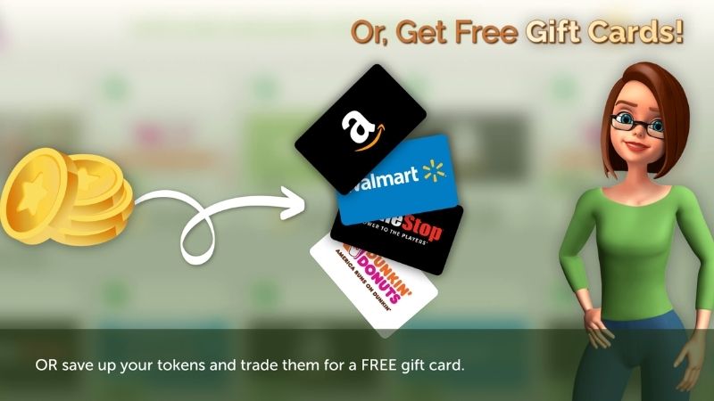 Screenshot of Lucktastic of animated woman and gift cards