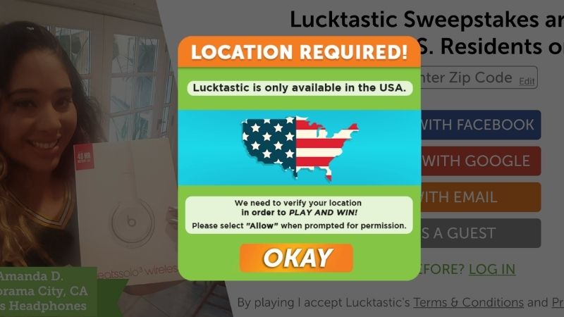 Screenshot of Lucktastic with graphic of United States 