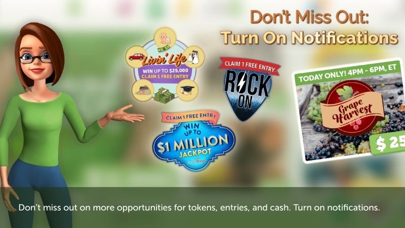 screen shot of Lucktastic with animated woman showing Lucktastic games and test that says turn on notifications