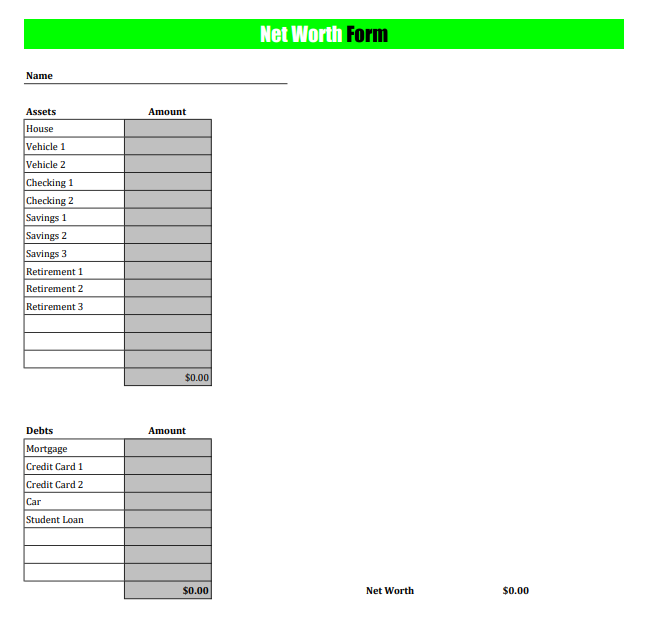net worth tracking form