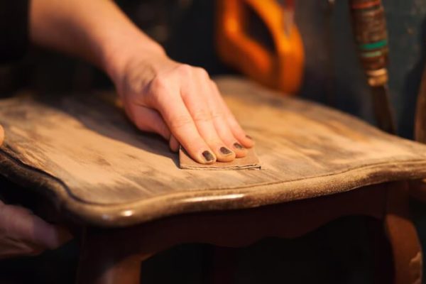 Person wearing black nail polish sanding a chair to refinish the wood surface