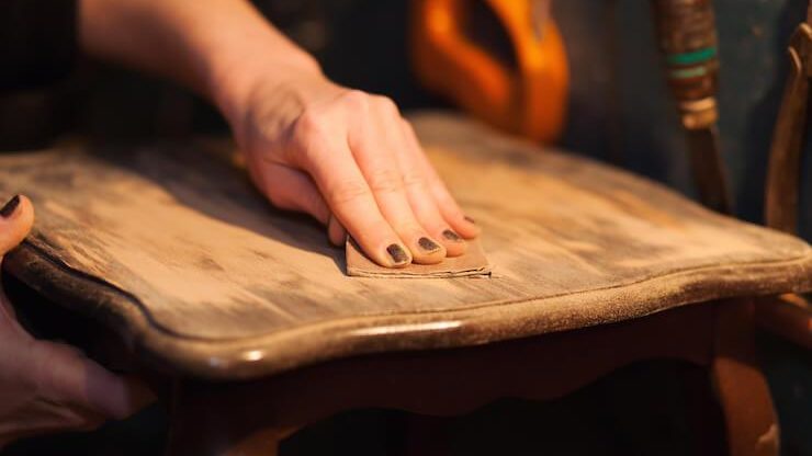 Person wearing black nail polish sanding a chair to refinish the wood surface