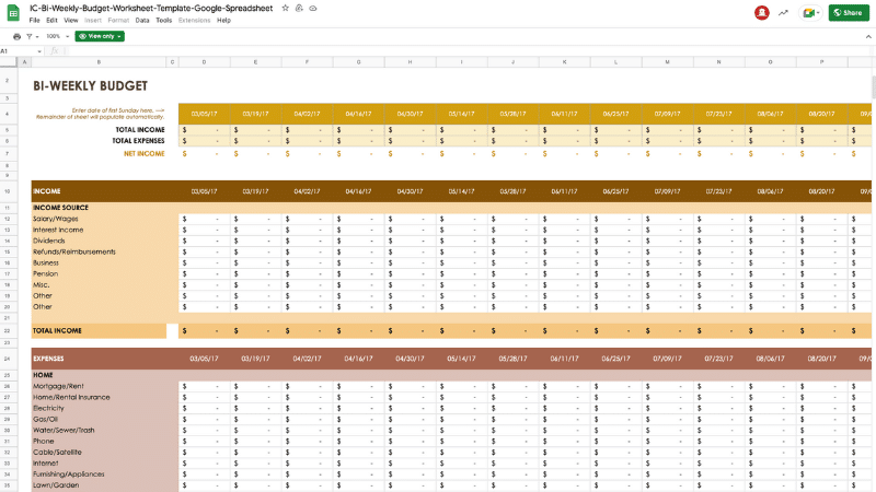 smart sheet bi-weekly budget