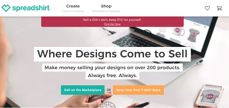 Screenshot of Spreadshirt website - where designs come to sell