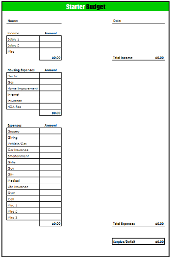 Starter Budget spreadsheet