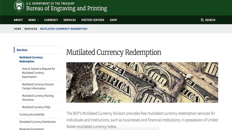 Treasury Mutilated Currency homepage