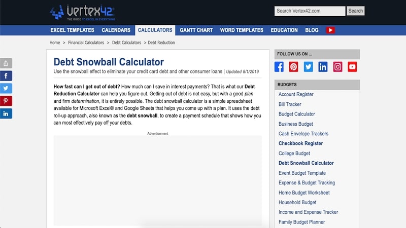 Vertex42 Debt Reduction Calculator homepage
