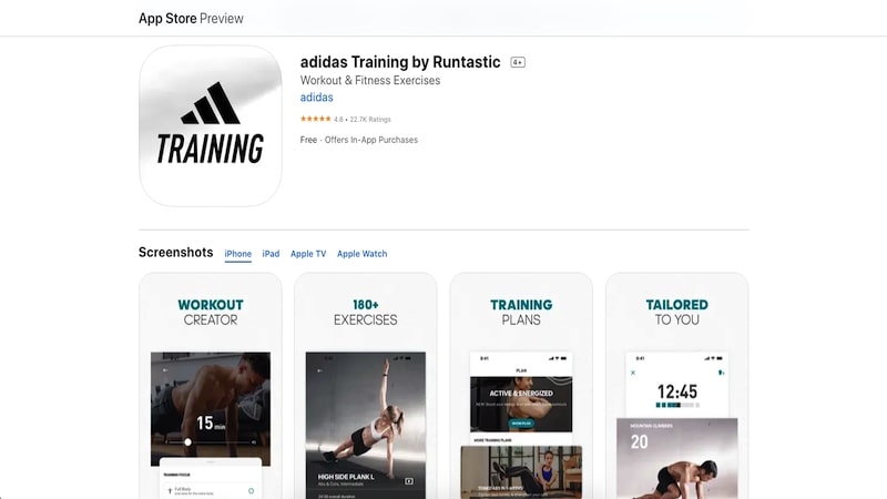 Adidas Training app page