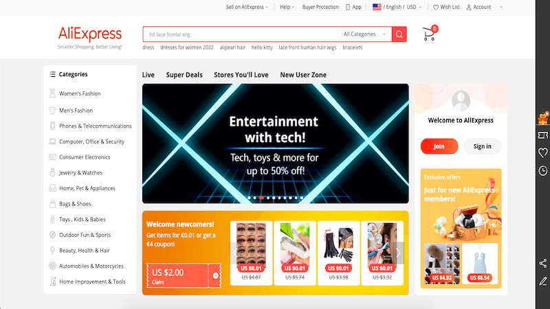 AliExpress home page