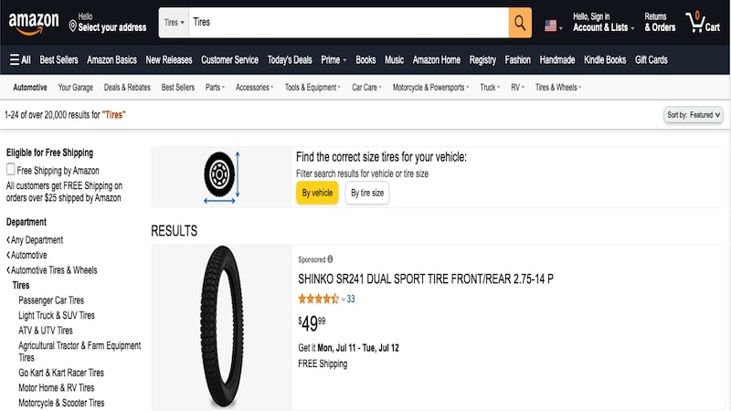 Amazon Tires homepage