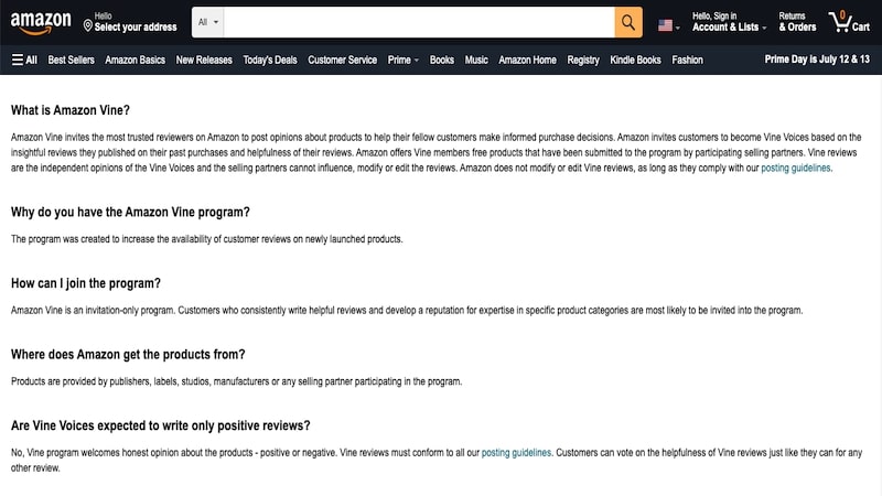 AmazonVine homepage