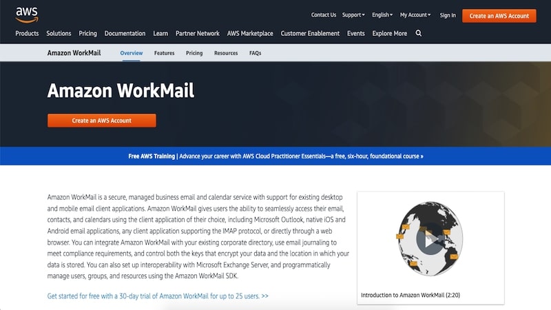 Amazon Workmail homepage