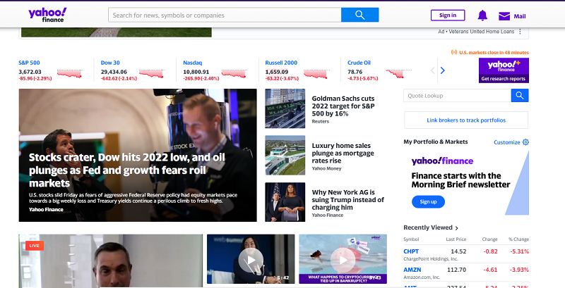 Yahoo Finance home page