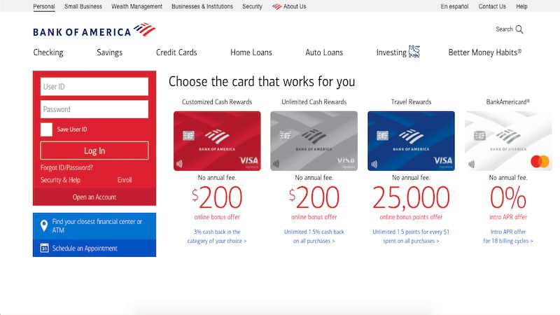 Bank of America home page