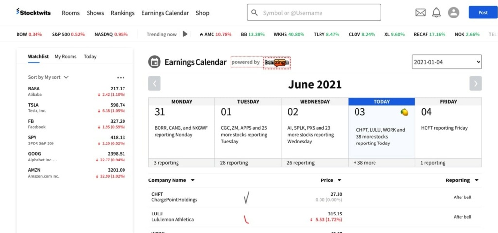 earnings calendar