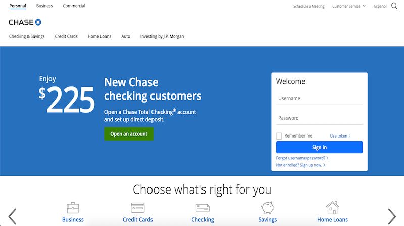 Chase Bank home page