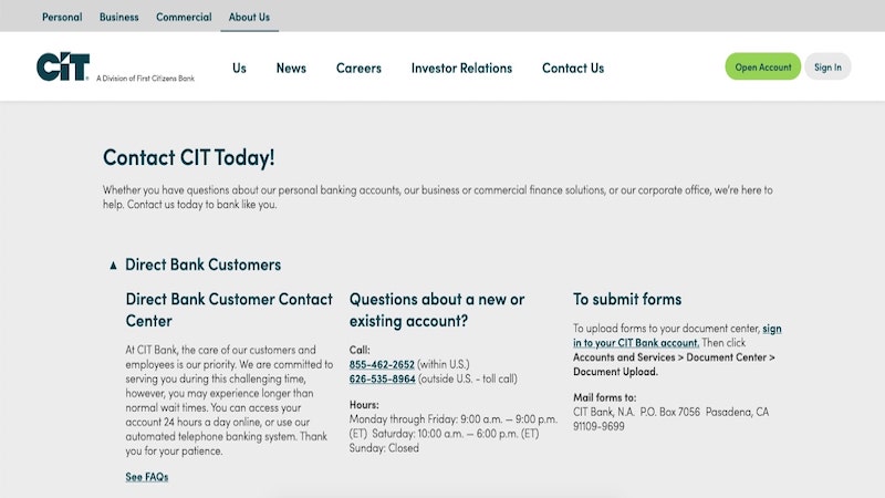 CIT Bank Customer Service page