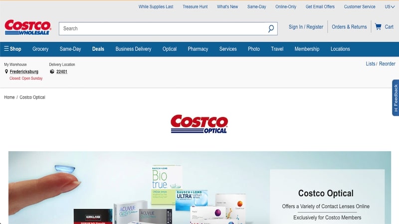 Costco Optical homepage