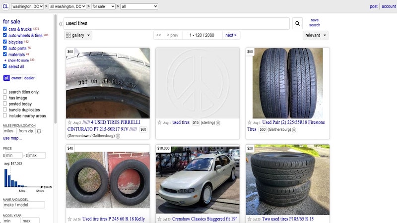 Craigslist Used Tires search page