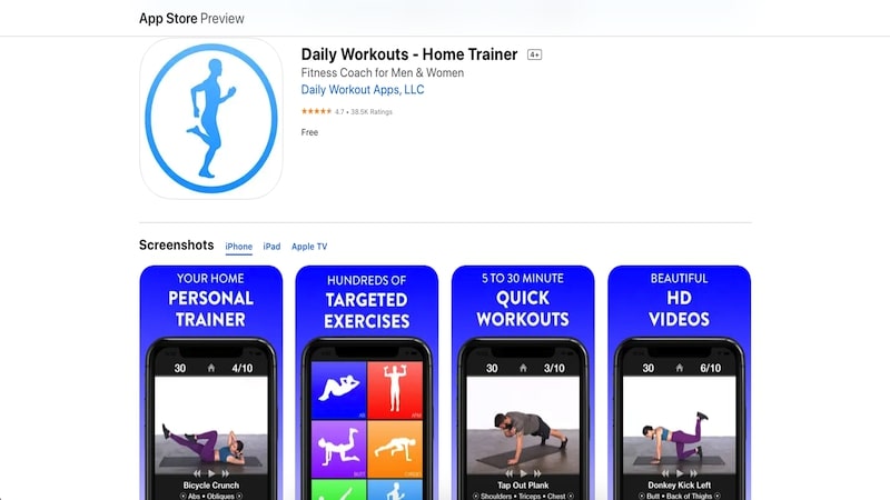 Daily Workouts app page