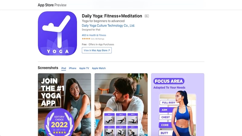 Daily Yoga app page