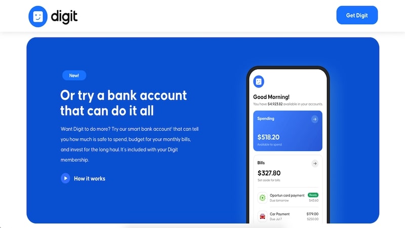 Digit bank account page