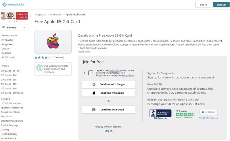 free apple $5 gift card on swagbucks