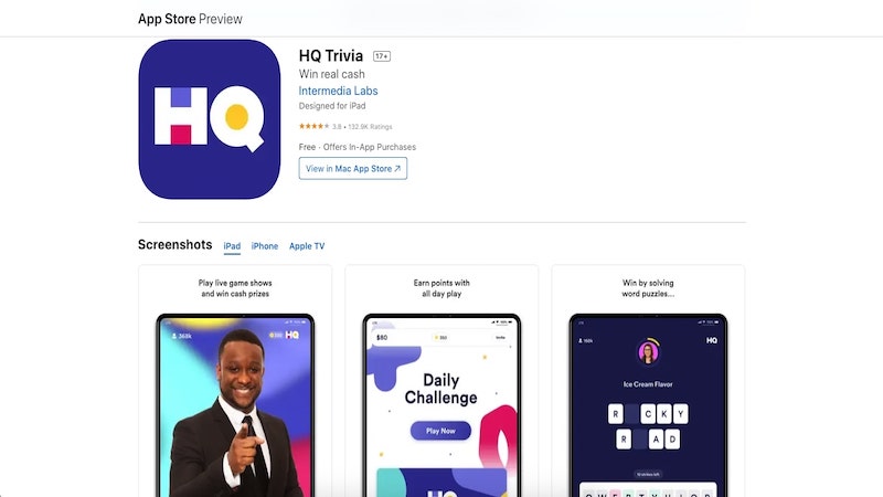 HQ Trivia home page