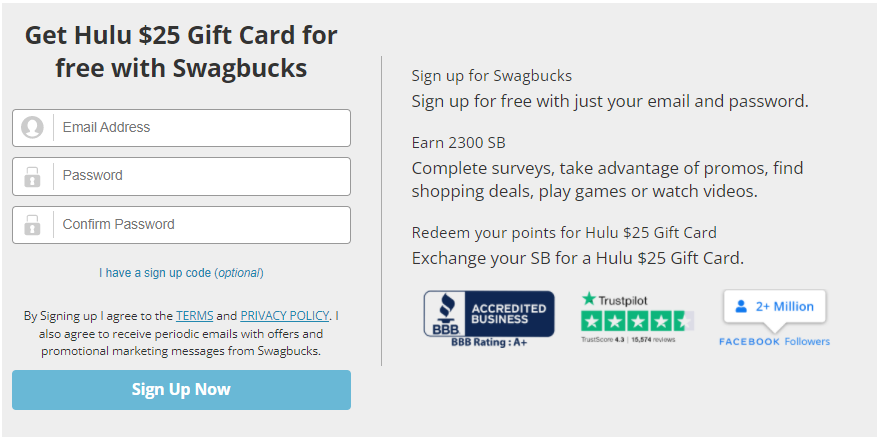 get hulu $25 gift card for free with Swagbucks
