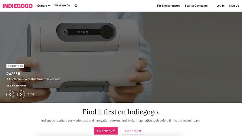 Indiegogo home page