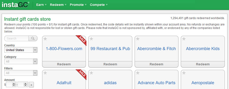 gift cards you can redeem on InstaGC