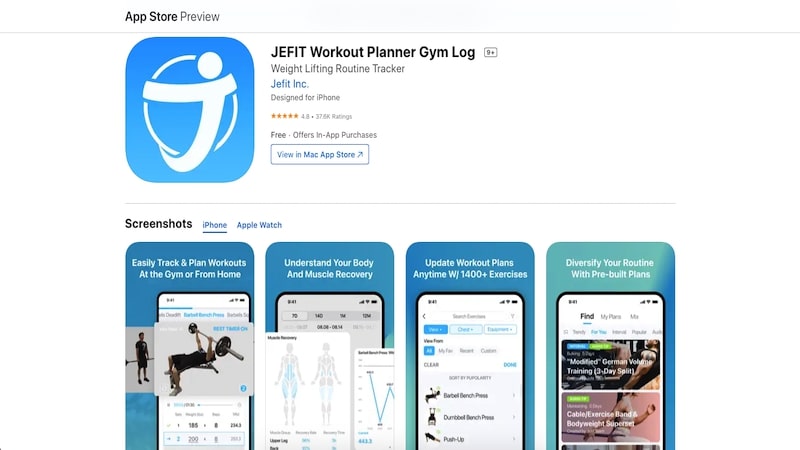 JEFIT app page