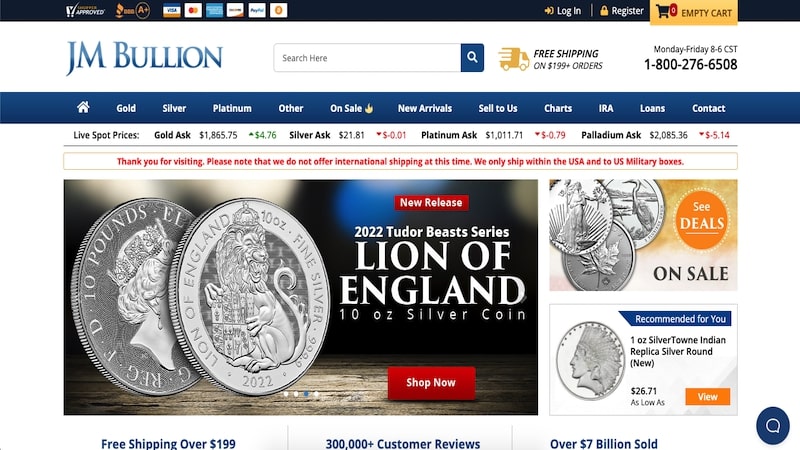 JM Bullion homepage