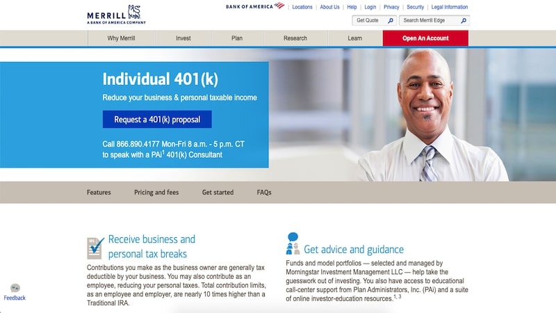 Merrill Edge Individual 401k homepage