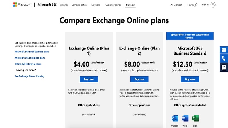 Microsoft Exchange Online homepage