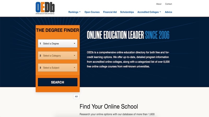 Open Education Database homepage