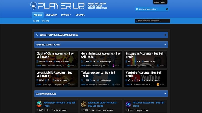Página inicial do PlayerUp