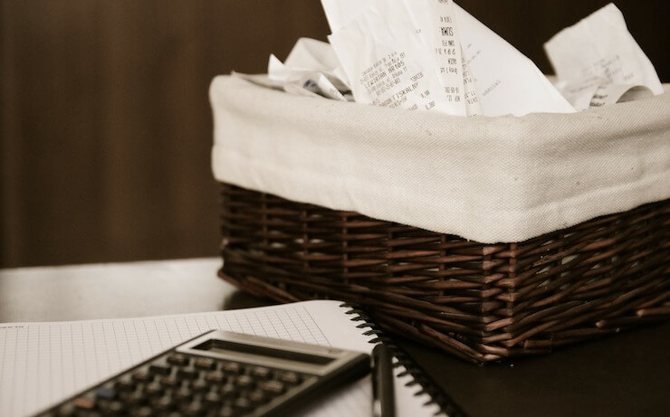 Basket of receipts in a basket to use for tax deductions